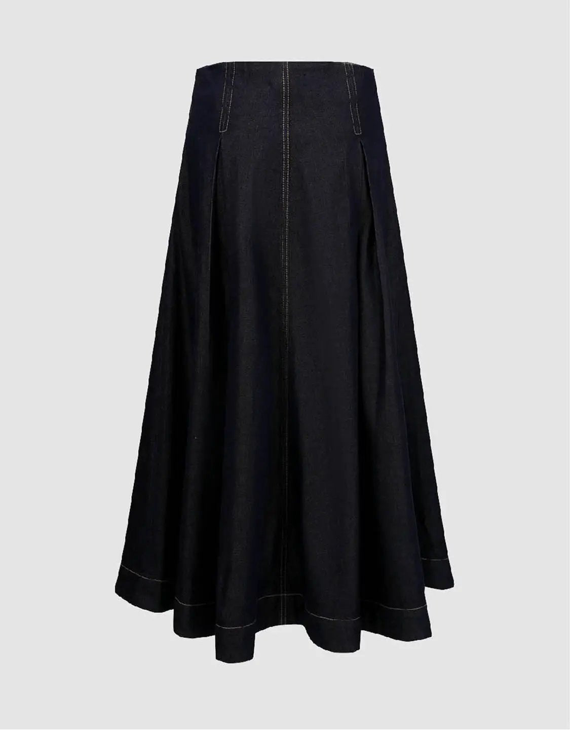A-Line Midi Stretch Skirt in dark wash denim with contrast stitching and belt loops