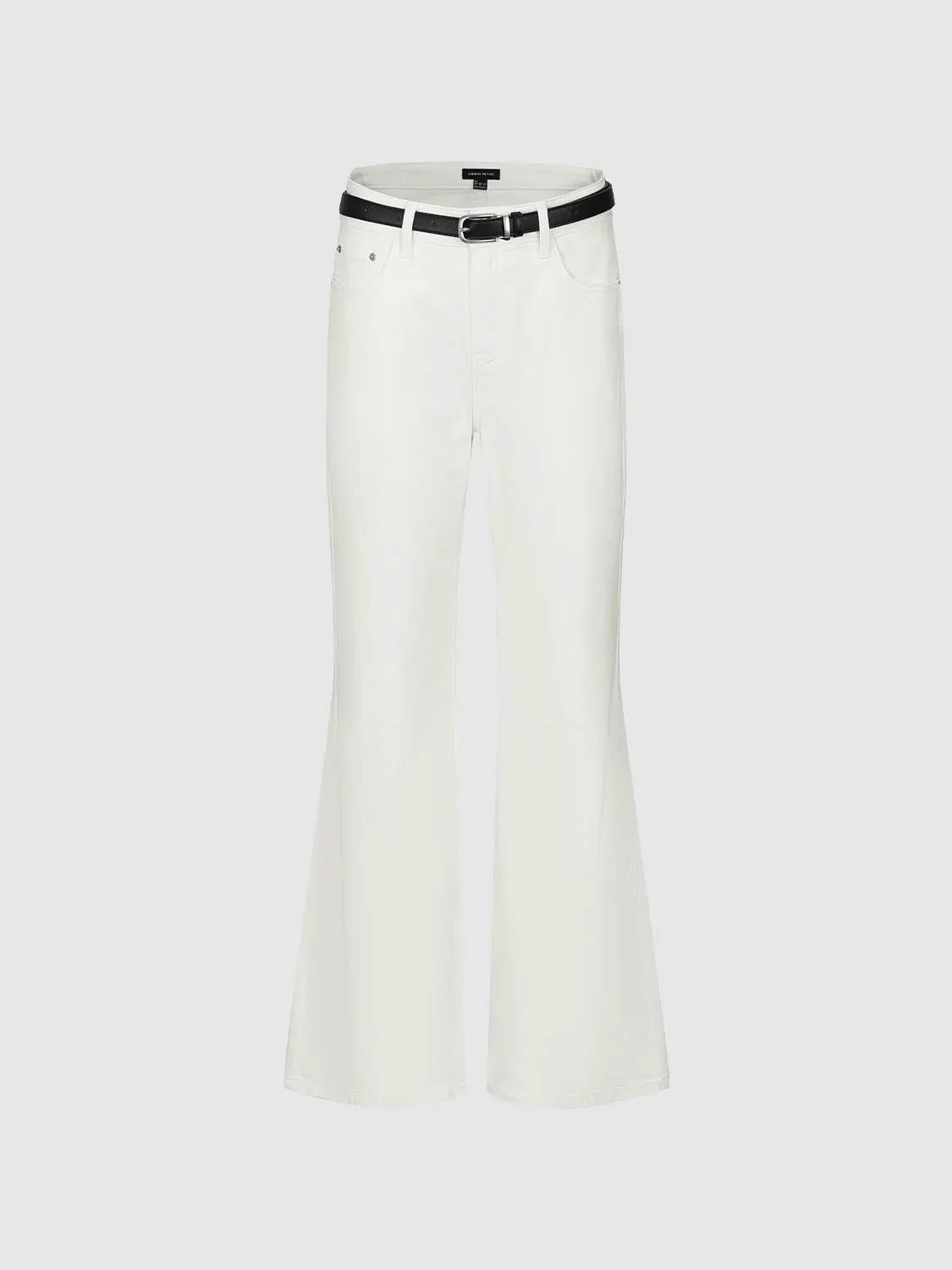 Mid Rise Belt Loop Cotton Stretch Flared Jeans, white with black belt