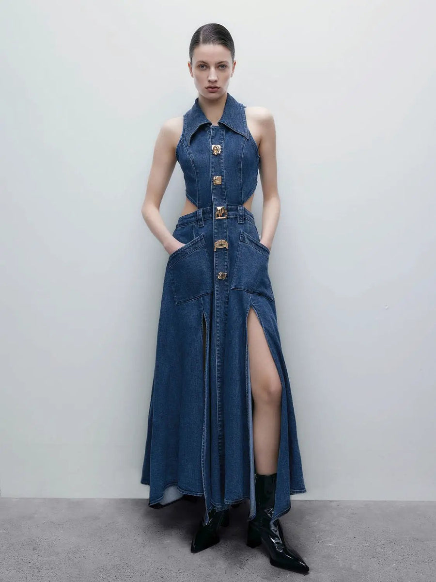 urban revivo denim dress Point Collar Cut-Out Sleeveless Cotton Maxi Dress, Blue / XXL helping to preserve their color Sleeveless Pleated Denim Dress For