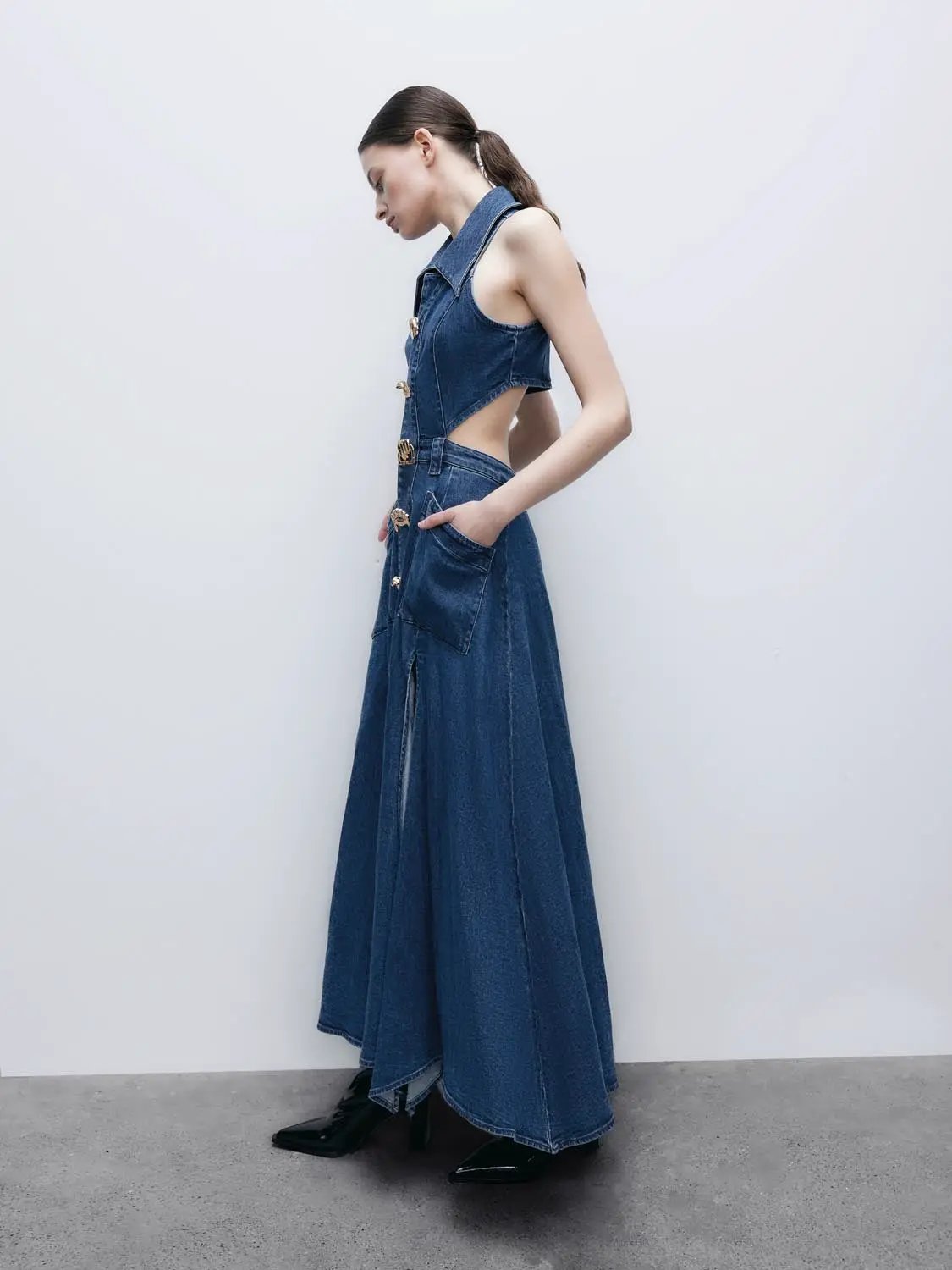 Cut Out Stretchy Sleeveless Maxi Denim Dresses by Urban Revivo Fashion