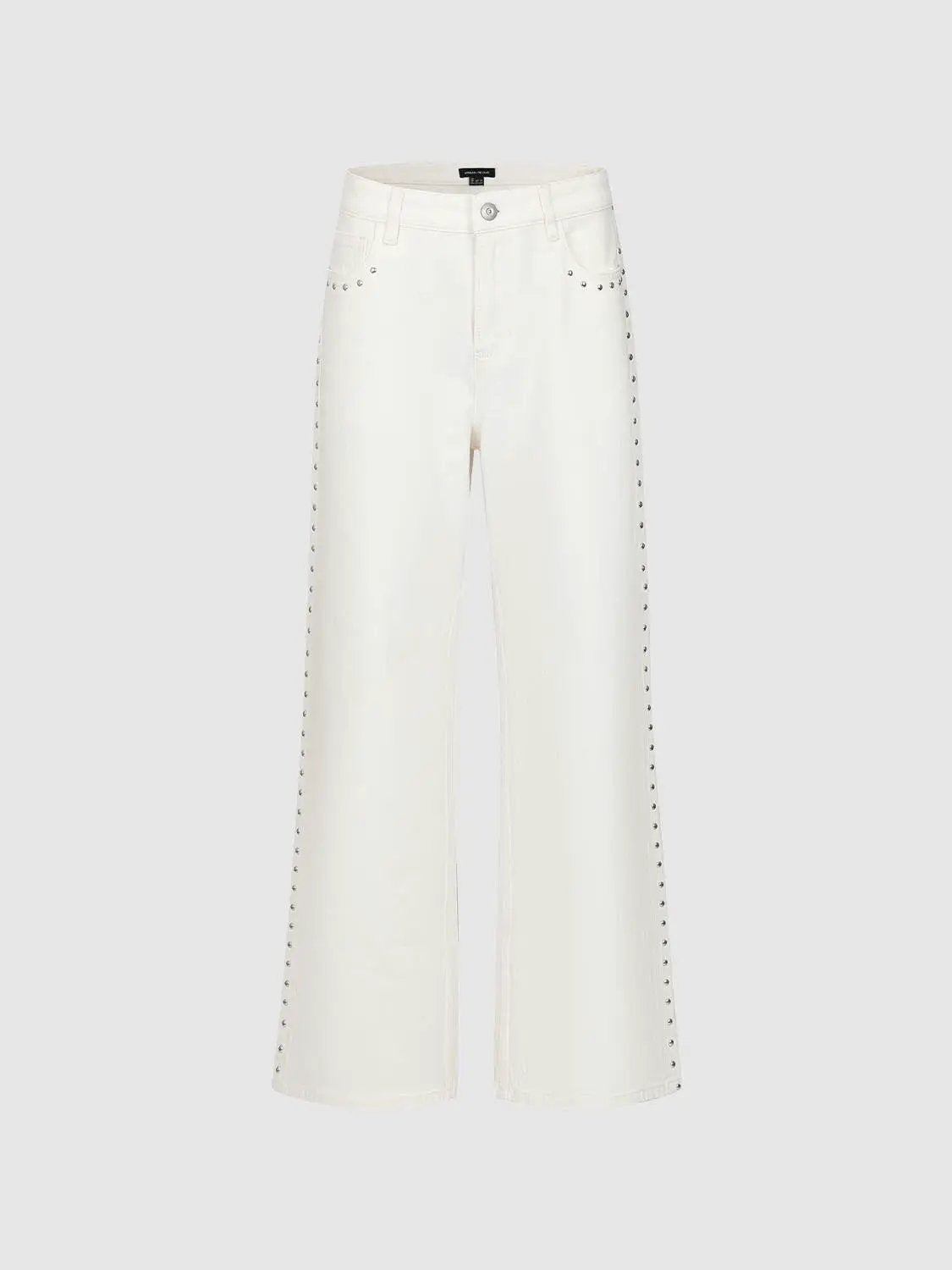 High Waist Wide Leg Studded Side Seams Cotton Jeans in white with silver studs along outer seams