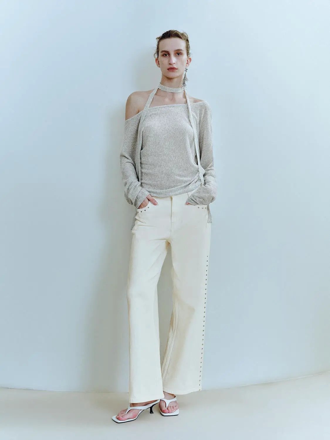 Women's High Waist Wide Leg Studded Side Seam Cotton Jeans in ivory by Urban Revivo Fashion