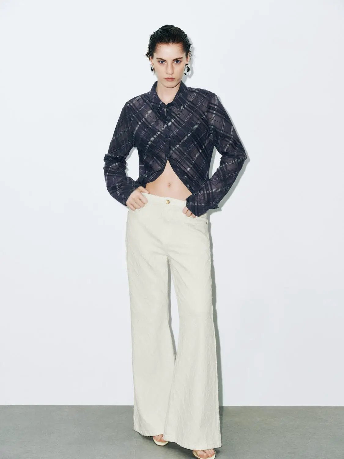 Mid Rise Textured Cotton Flare Jeans by Urban Revivo Fashion in cream; medium-stretch.