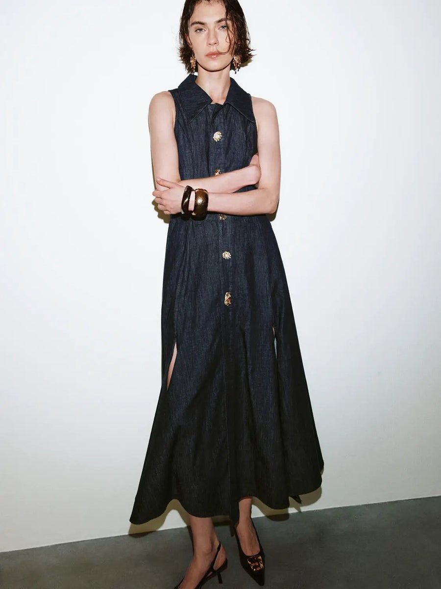 urban revivo denim dress Point Collar Cut-Out Sleeveless Cotton Maxi Dress, Blue / XXL helping to preserve their color Sleeveless Pleated Denim Dress For