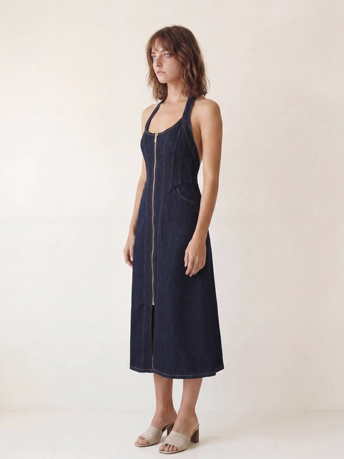 Zipper-front denim midi dress with panel seams in dark indigo by Urban Revivo Fashion