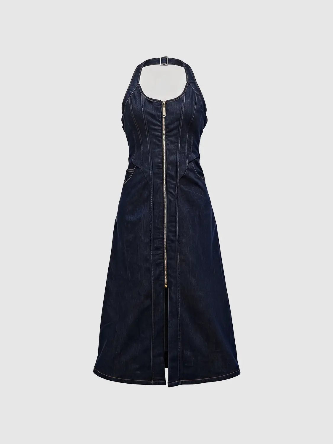 Zipper Front Denim Midi Dress with Panel Seams, navy denim, Urban Revivo Fashion.