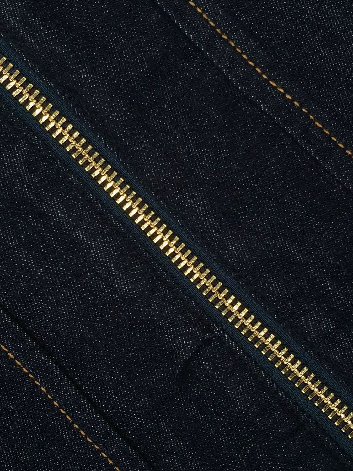 Zipper Front Denim Midi Dress with panel seams in dark indigo denim and gold zipper