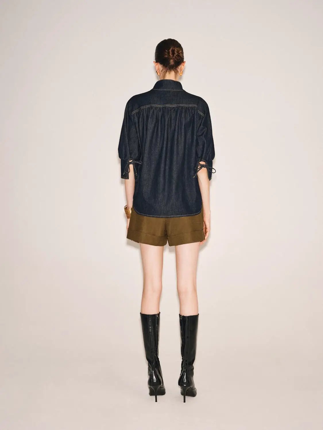 Vintage Indigo Denim Button-front Stretch Shirt, back view worn by model.