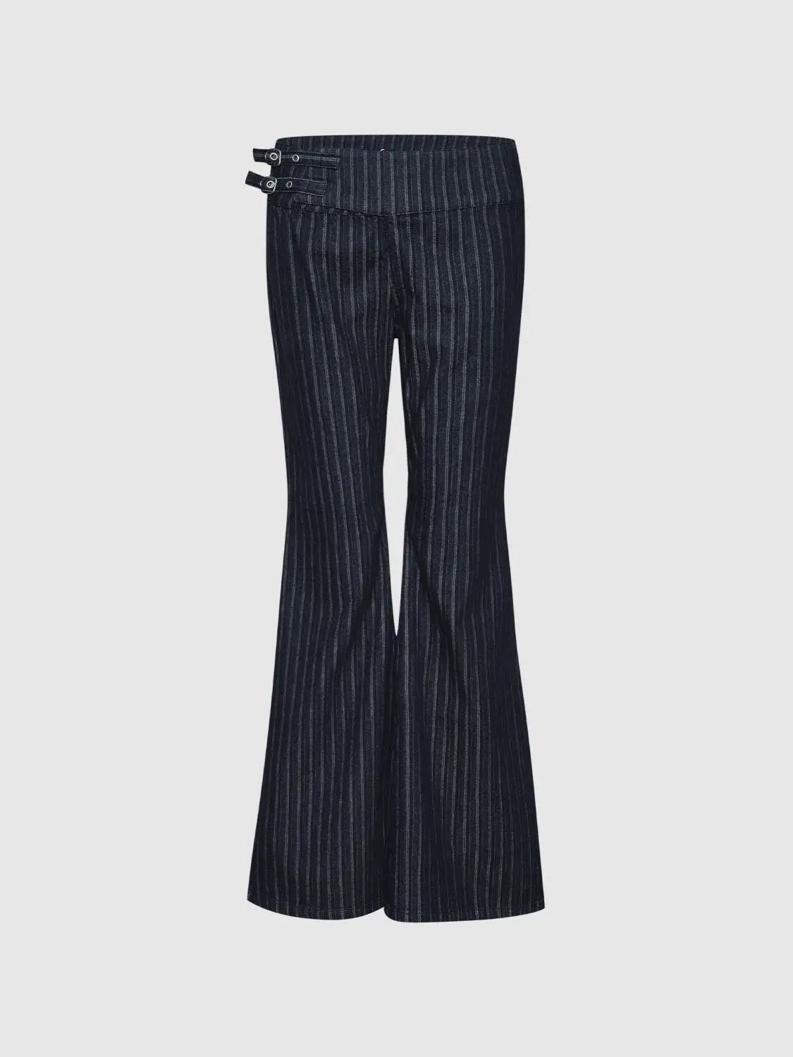Jeans with dark indigo denim and white vertical pinstripes; flared legs.