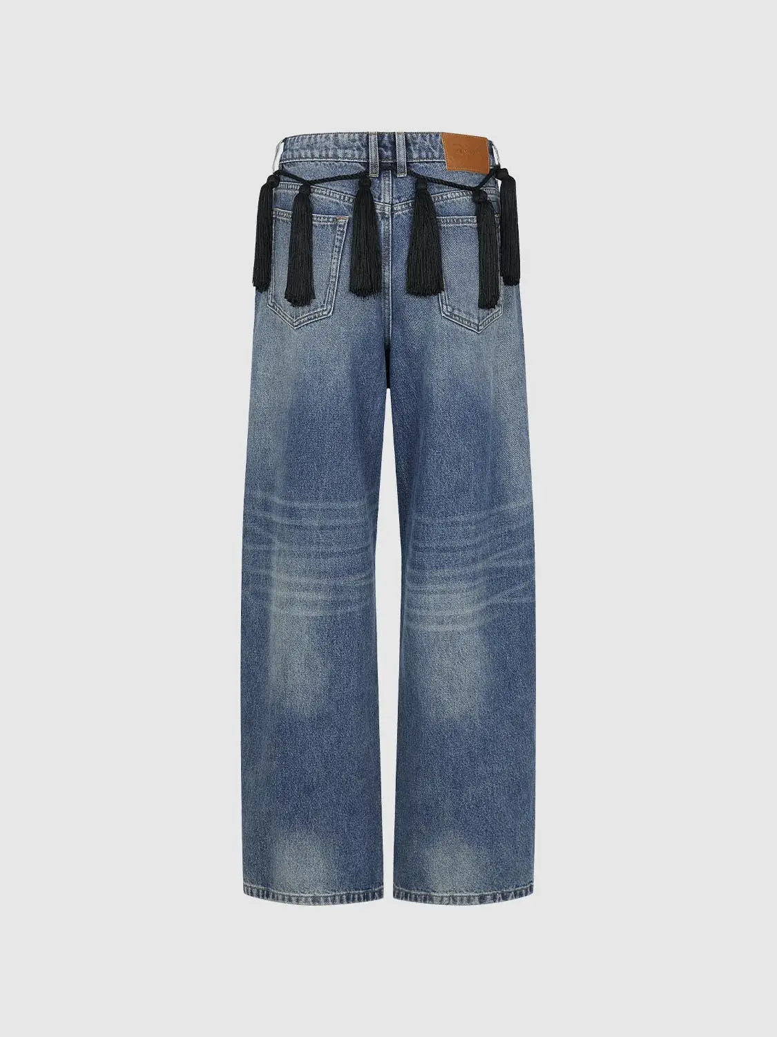 Jeans with black tassel belt, light-wash wide-leg denim, Urban Revivo Fashion patch.