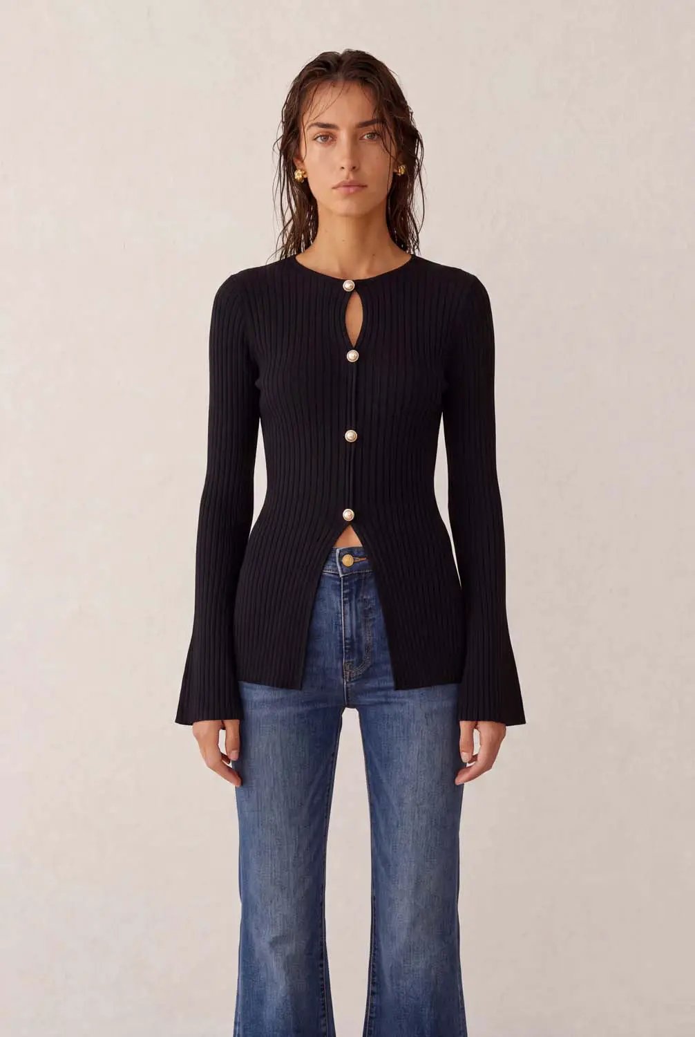 Skinny Knitted Cardigans by Urban Revivo Fashion in black ribbed knit with pearl buttons, long sleeves.