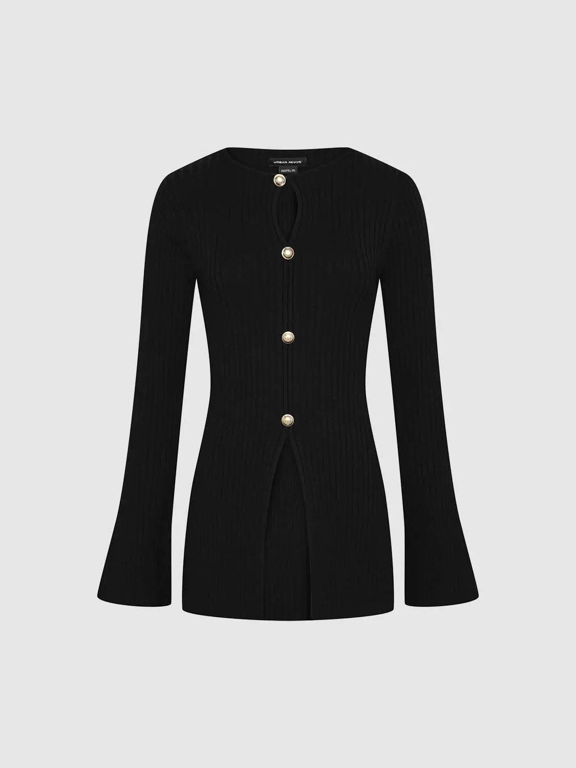 Skinny ribbed knitted cardigan in black with gold-tone front buttons