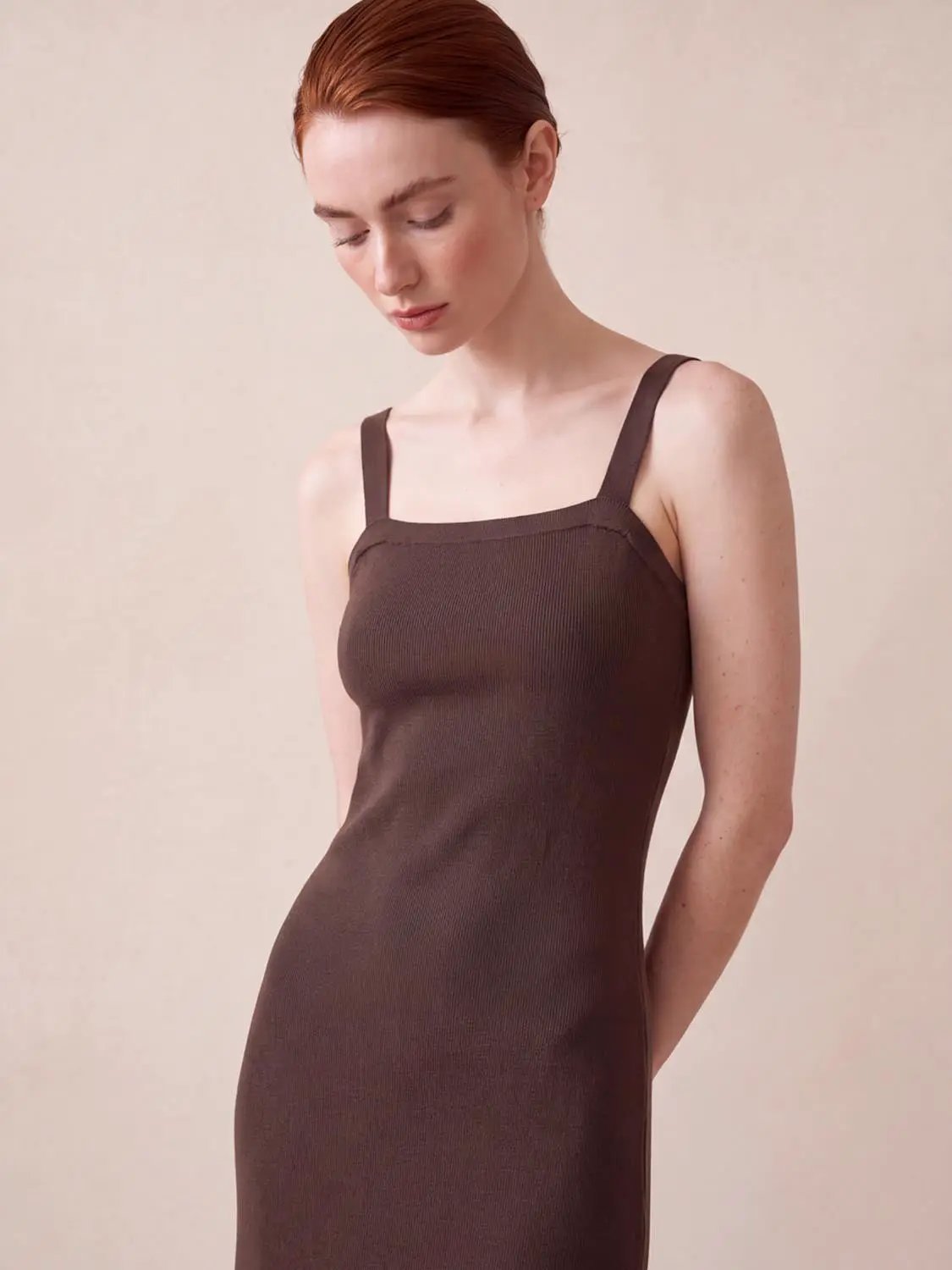 Wide Strap Knitted Maxi Dress in brown by Urban Revivo Fashion