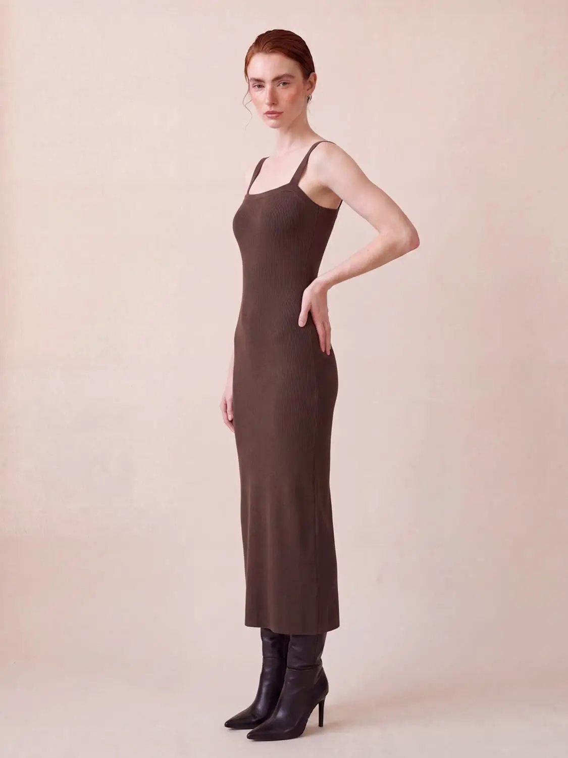 Wide Strap Knitted Maxi Dress in chocolate brown by Urban Revivo Fashion