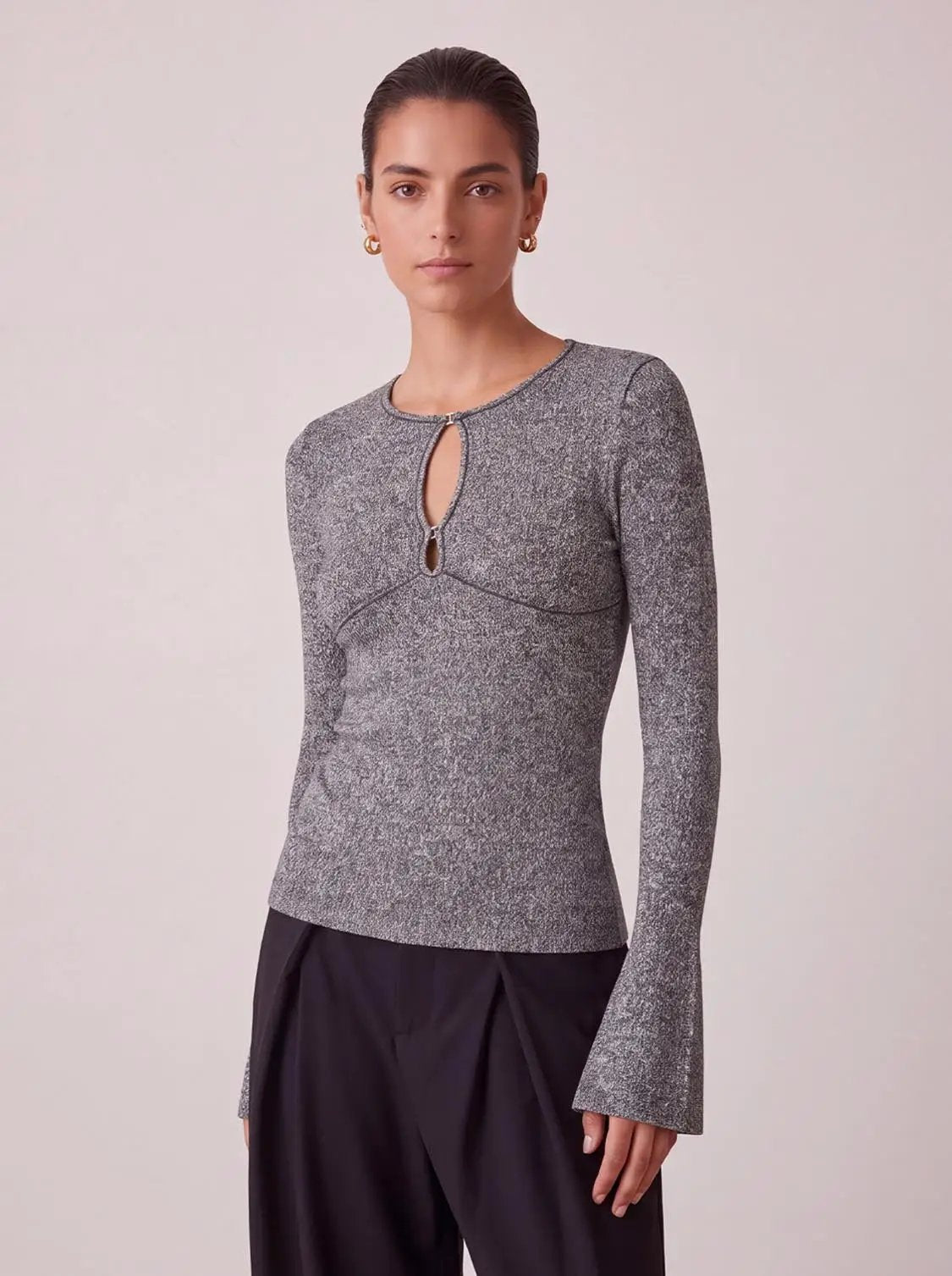 Flare Sleeve Knitted T-Shirt by Urban Revivo Fashion in grey marled knit