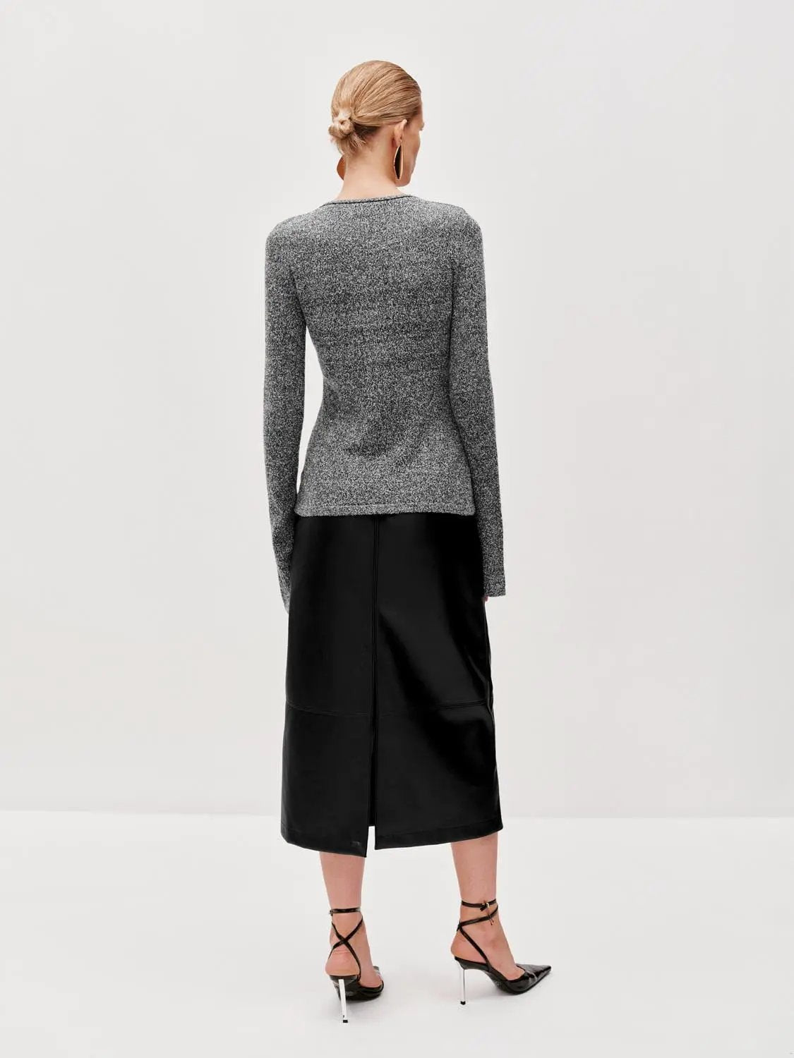 Flare Sleeve Knitted T-Shirts by Urban Revivo Fashion in heather gray knit, back view.