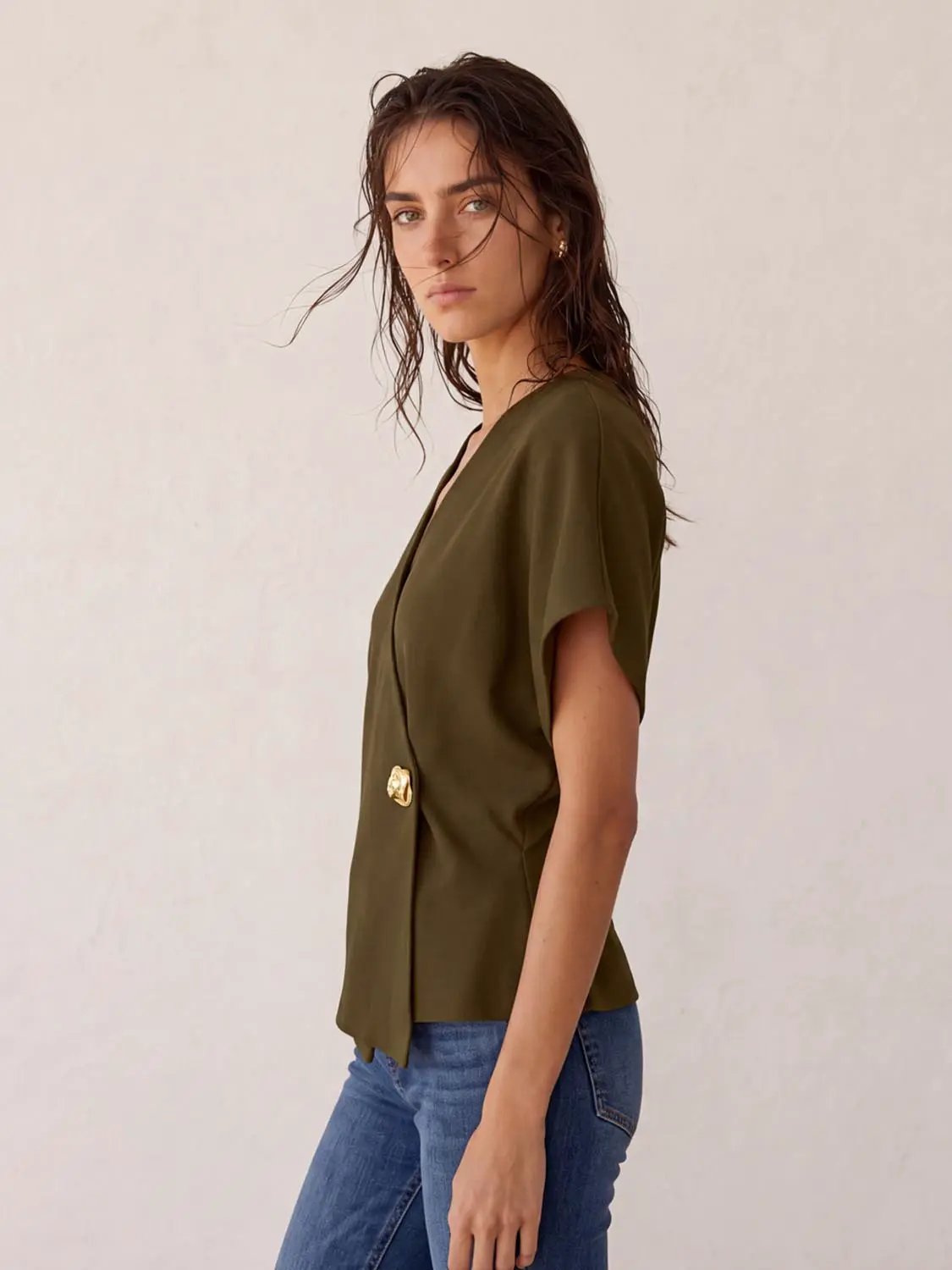 Wrap V Neck Batwing Short Sleeve Knitted Cardigan in olive green by Urban Revivo Fashion