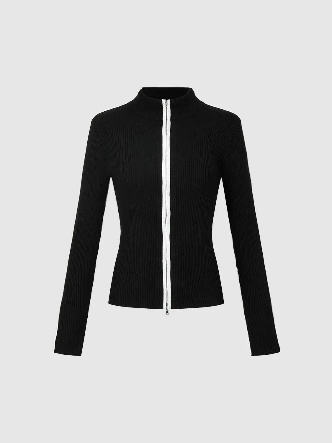Contrast Full-Zip Knitted Cardigans, black ribbed knit with white front zipper