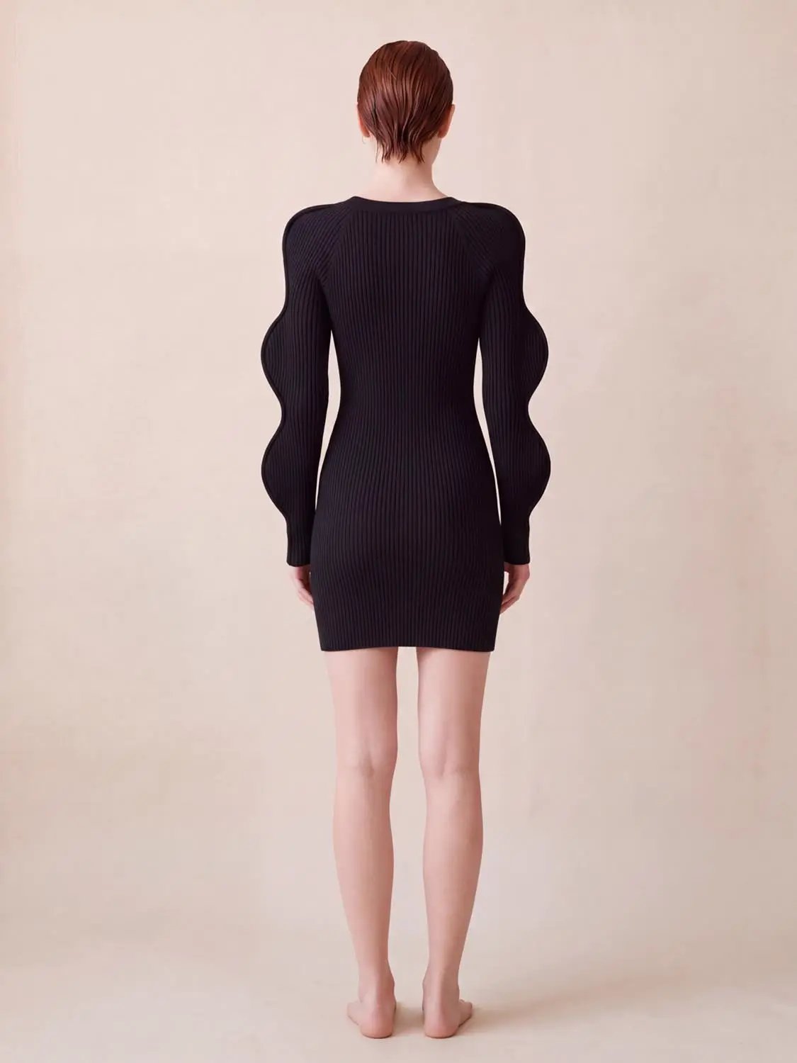 Wave Sleeve Knitted Midi Dress in black ribbed knit by Urban Revivo Fashion