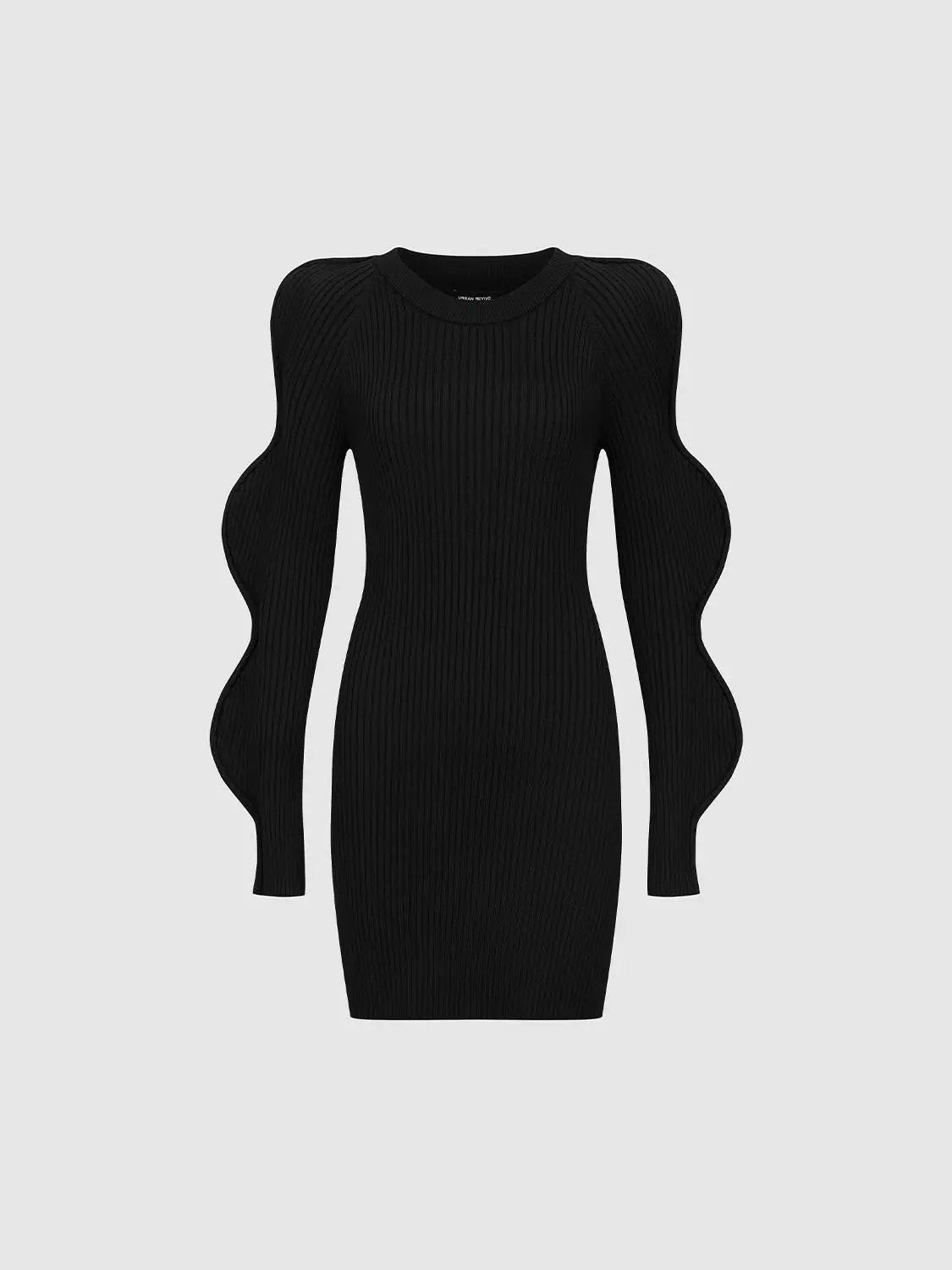 Wave Sleeve Knitted Midi Dress in black with ribbed texture.