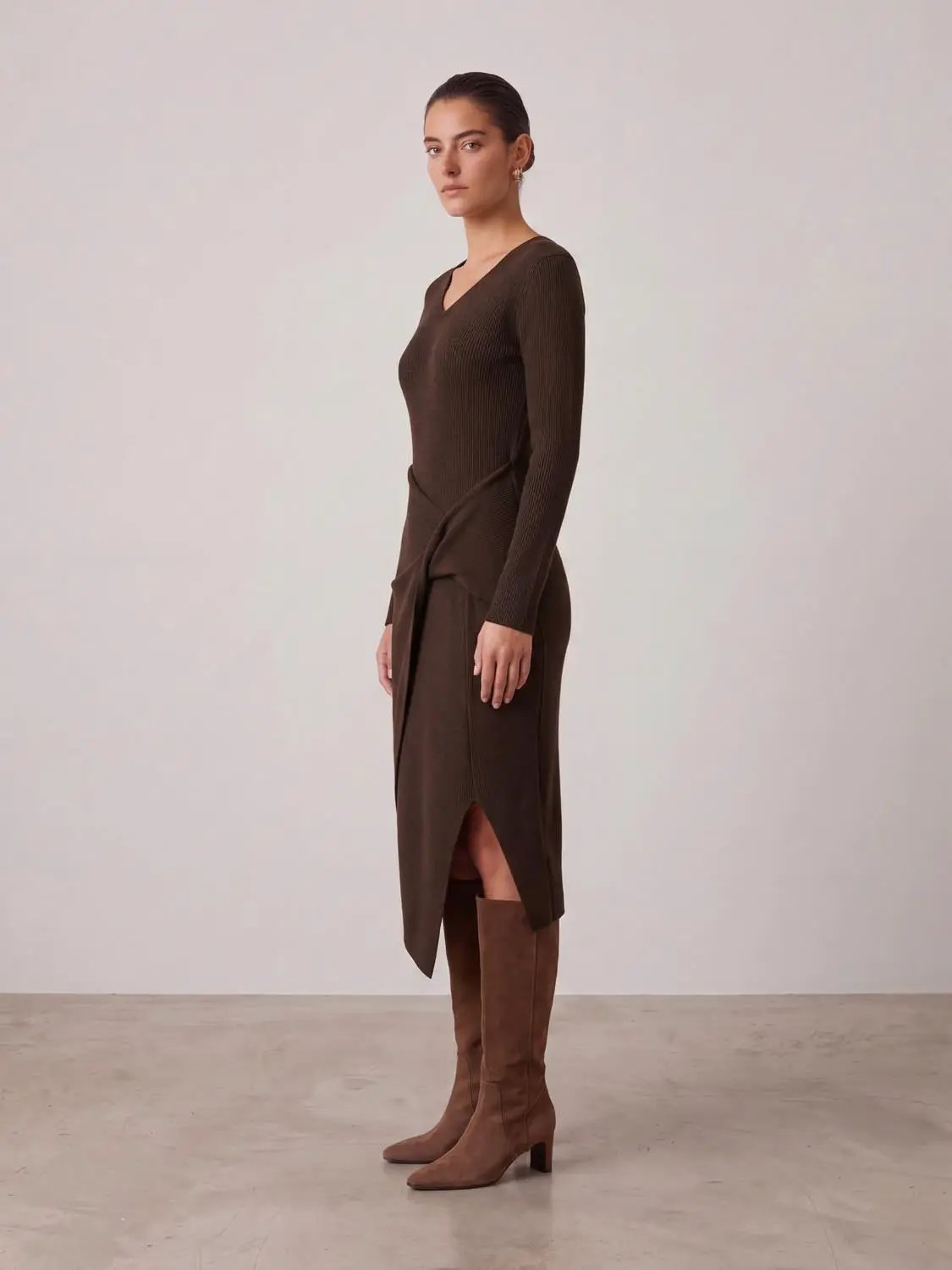 Knot Front Slim Fit Long Sleeve Knitted Midi Dress in brown from Urban Revivo Fashion