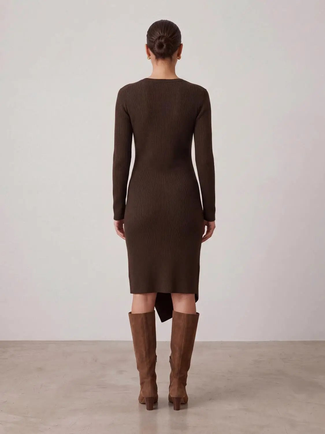 Knot Front Slim Fit Long Sleeve Knit Midi Dress in brown by Urban Revivo Fashion