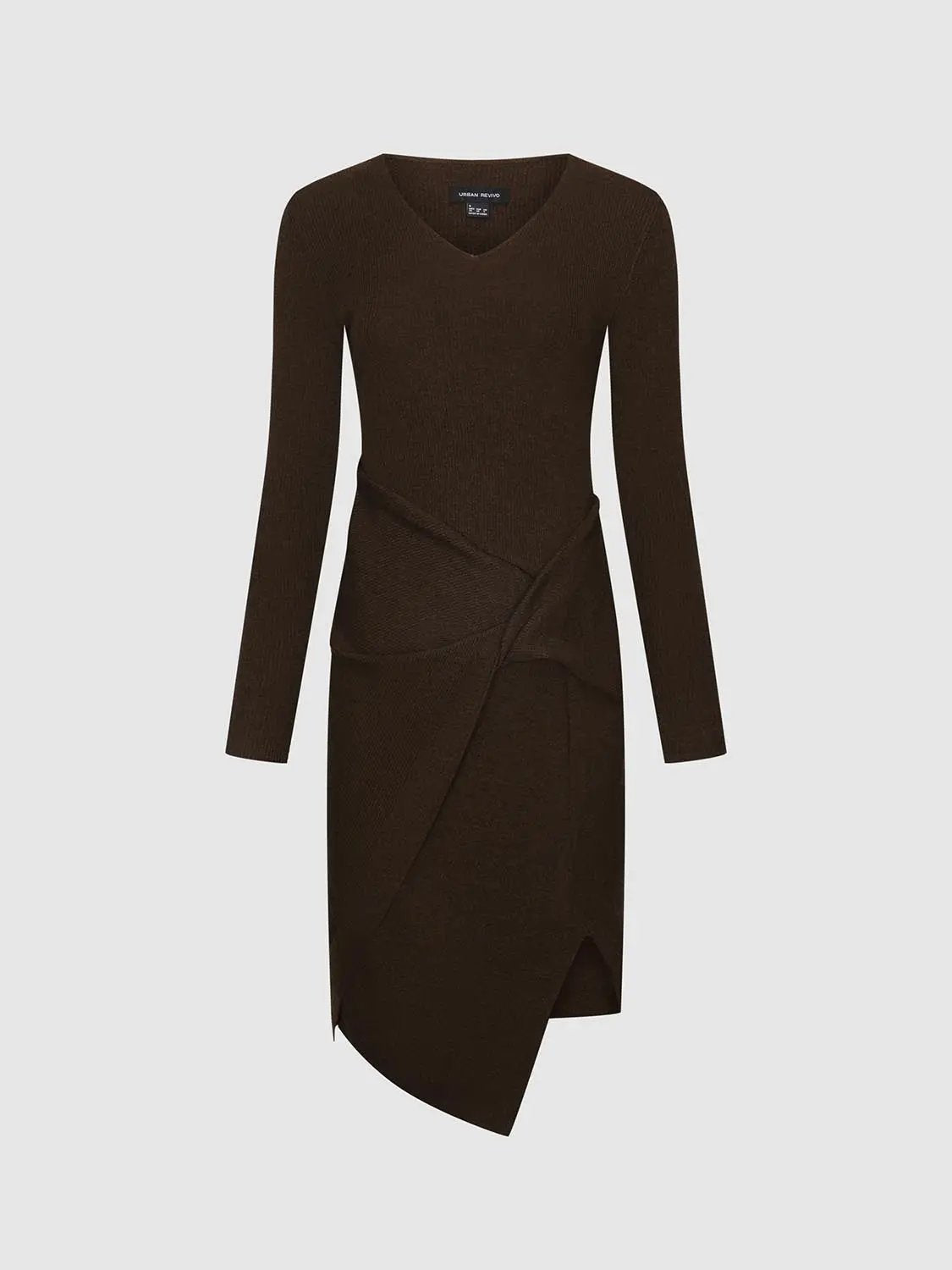 Knot-front midi dress in brown with long sleeves, sleek knit silhouette for everyday elegance