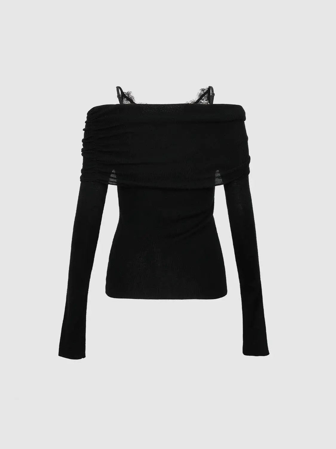 Knit T-Shirt, black long-sleeve off-shoulder top with ruched neckline