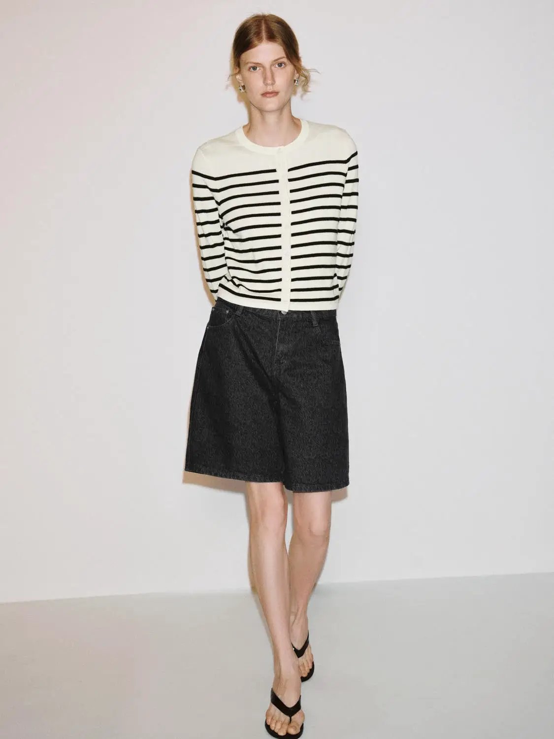 Knit jacket by Urban Revivo Fashion; cream cardigan with black horizontal stripes and long sleeves