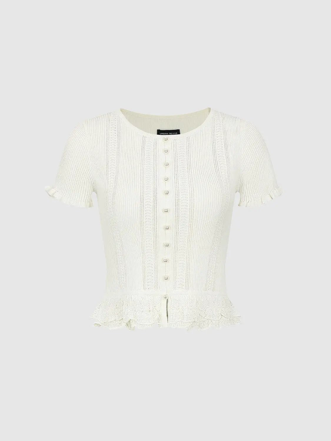 Crochet lace-hem knit button-front shirt, cream, Urban Revivo Fashion