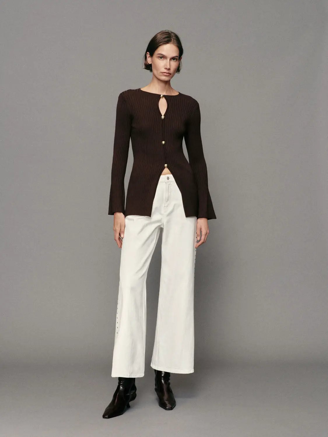 Ribbed Button Front Split Hem Long Sleeve Knit Jacket in brown