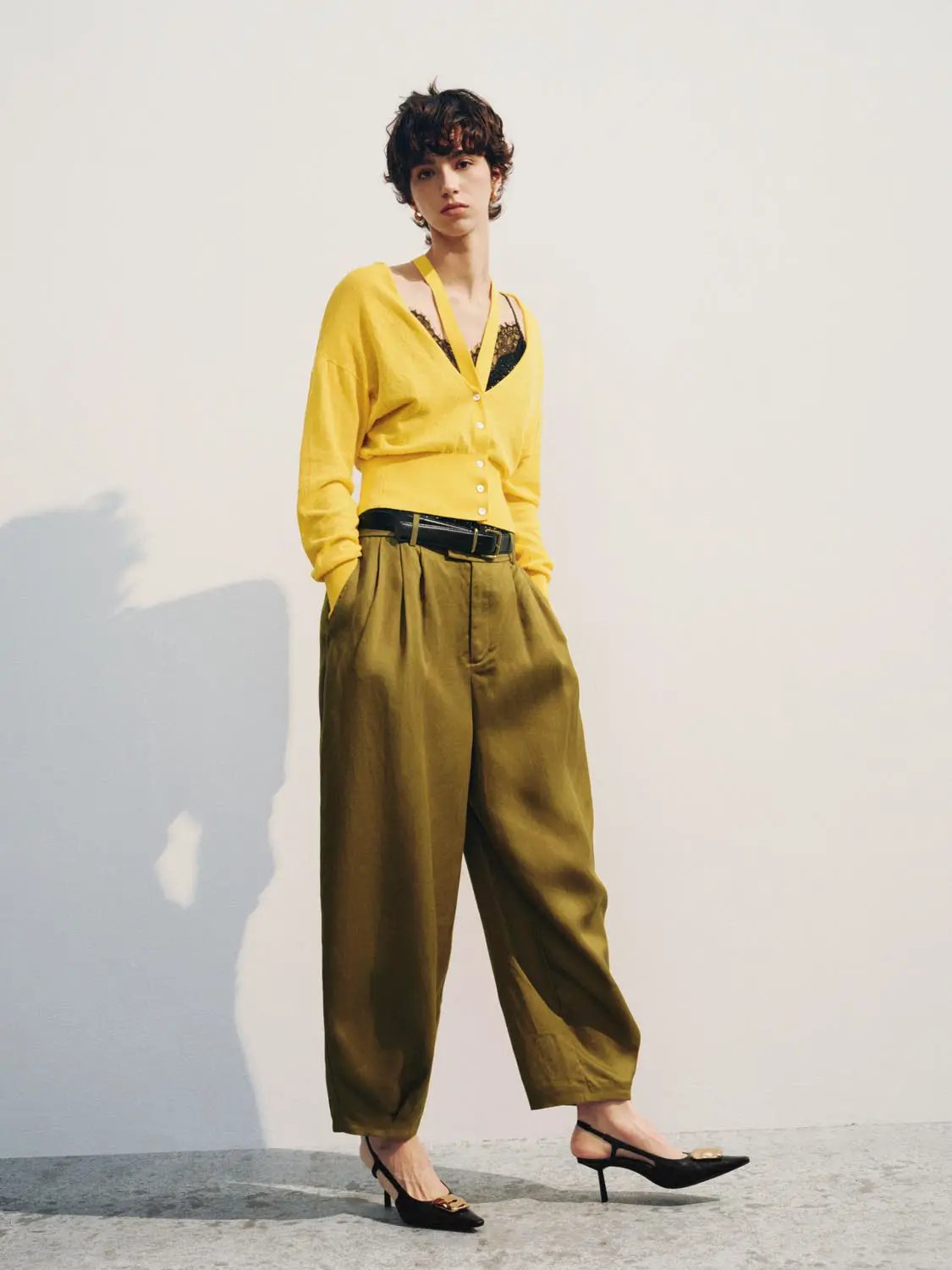 Tie Neck Cotton Long Sleeve Cardigan in bright yellow, worn with olive wide-leg pants
