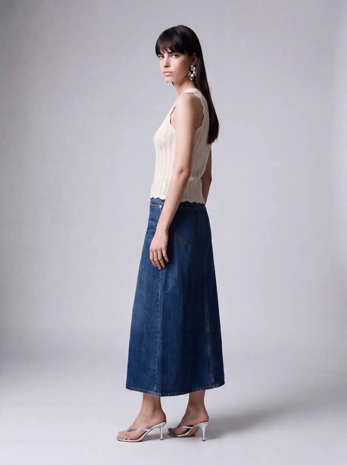 Knit T-Shirt, cream sleeveless knit top paired with blue denim maxi skirt
