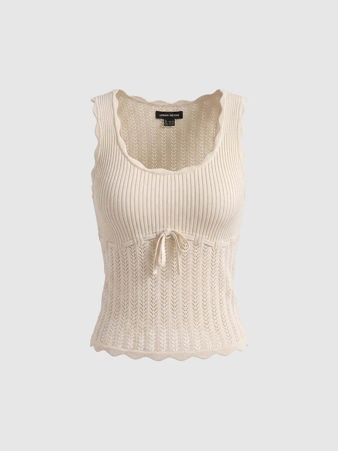 Knit T-Shirt by Urban Revivo Fashion; beige ribbed knit with lace panel and waist tie