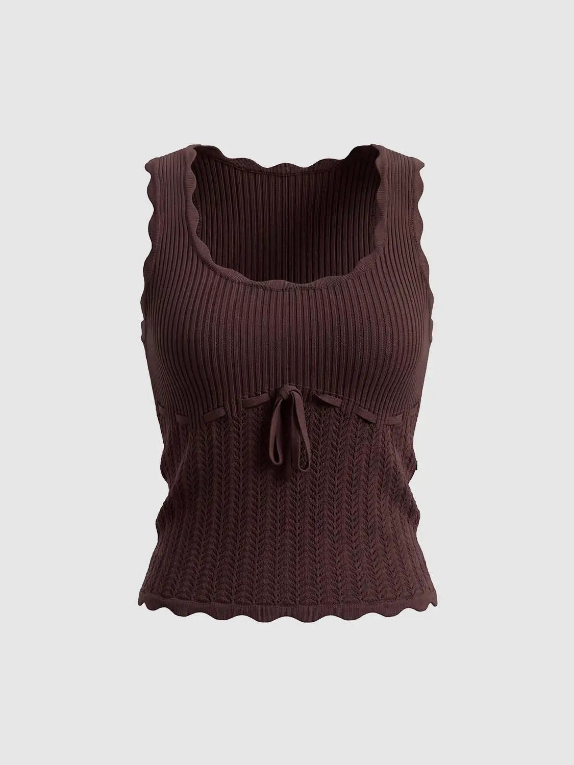 Knit T-Shirt by Urban Revivo Fashion, burgundy ribbed knit with waist tie and scalloped hem
