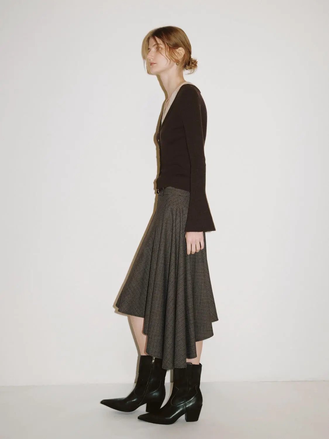 Knit T-Shirt, dark brown knit top by Urban Revivo Fashion; shown with a grey plaid skirt