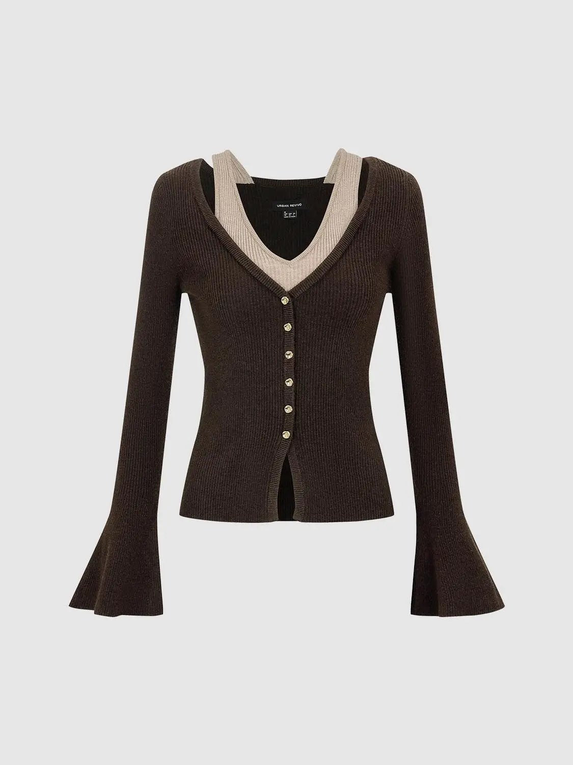 Knitted T-Shirt in dark brown with beige V-neck trim by Urban Revivo Fashion