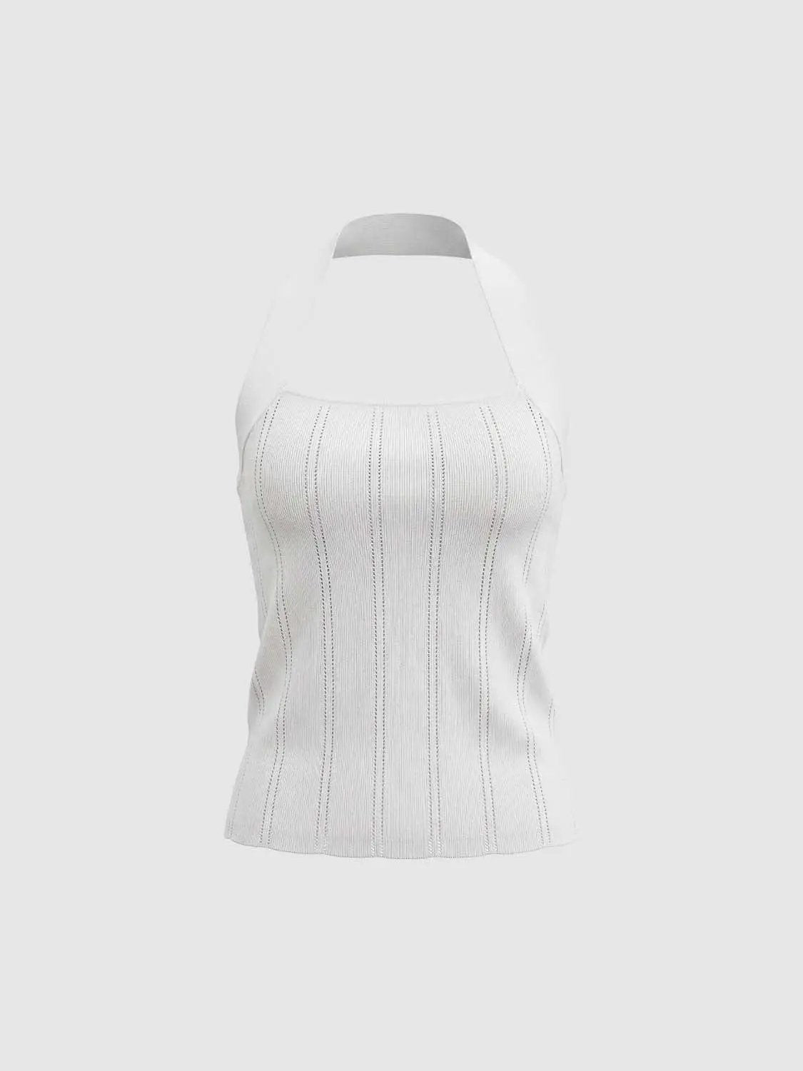 Knitted white tank top with vertical stripe knit pattern and halter strap.