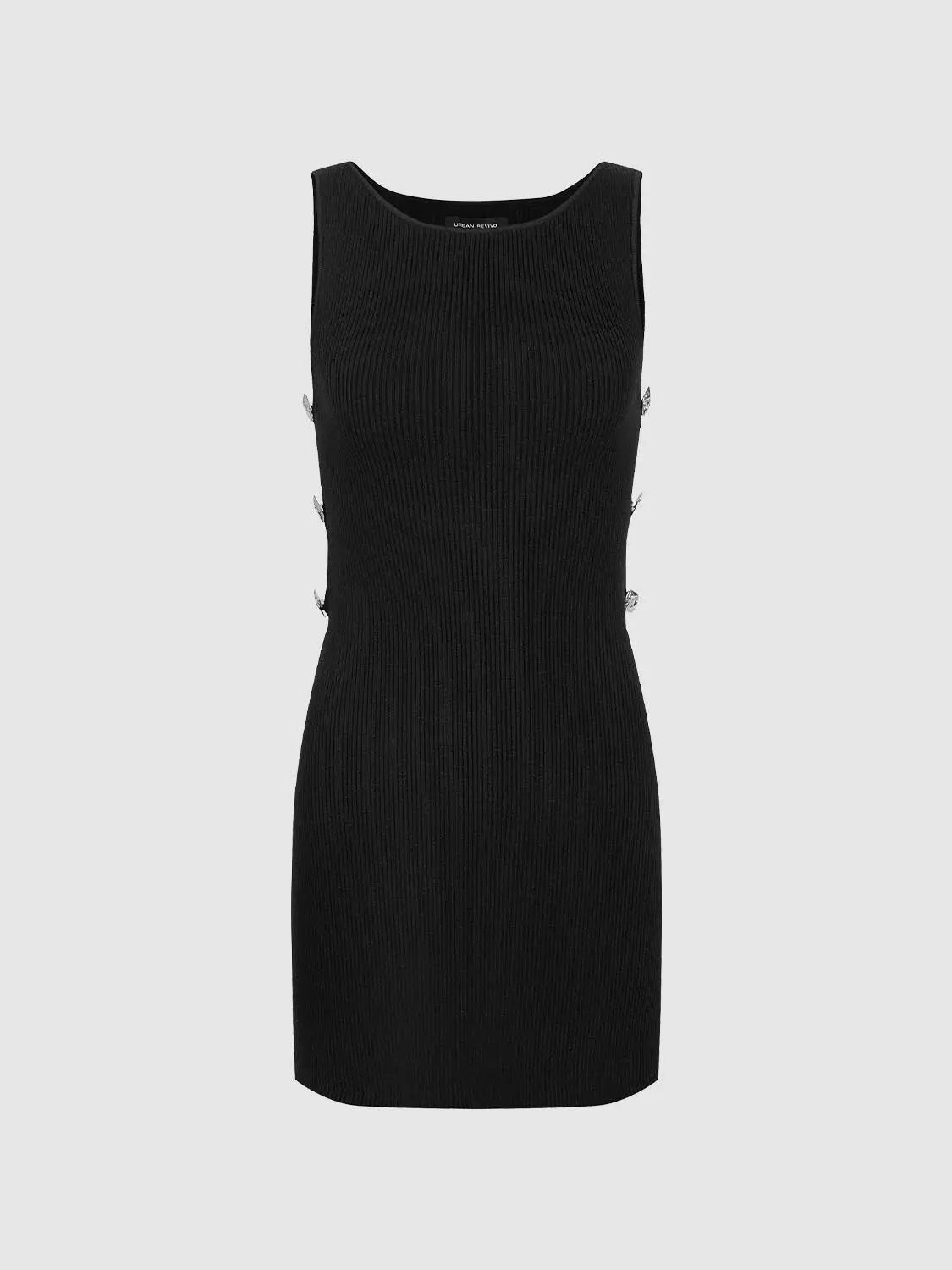 Knit Dress, black rib-knit sleeveless knee-length with side metal accents — Urban Revivo Fashion