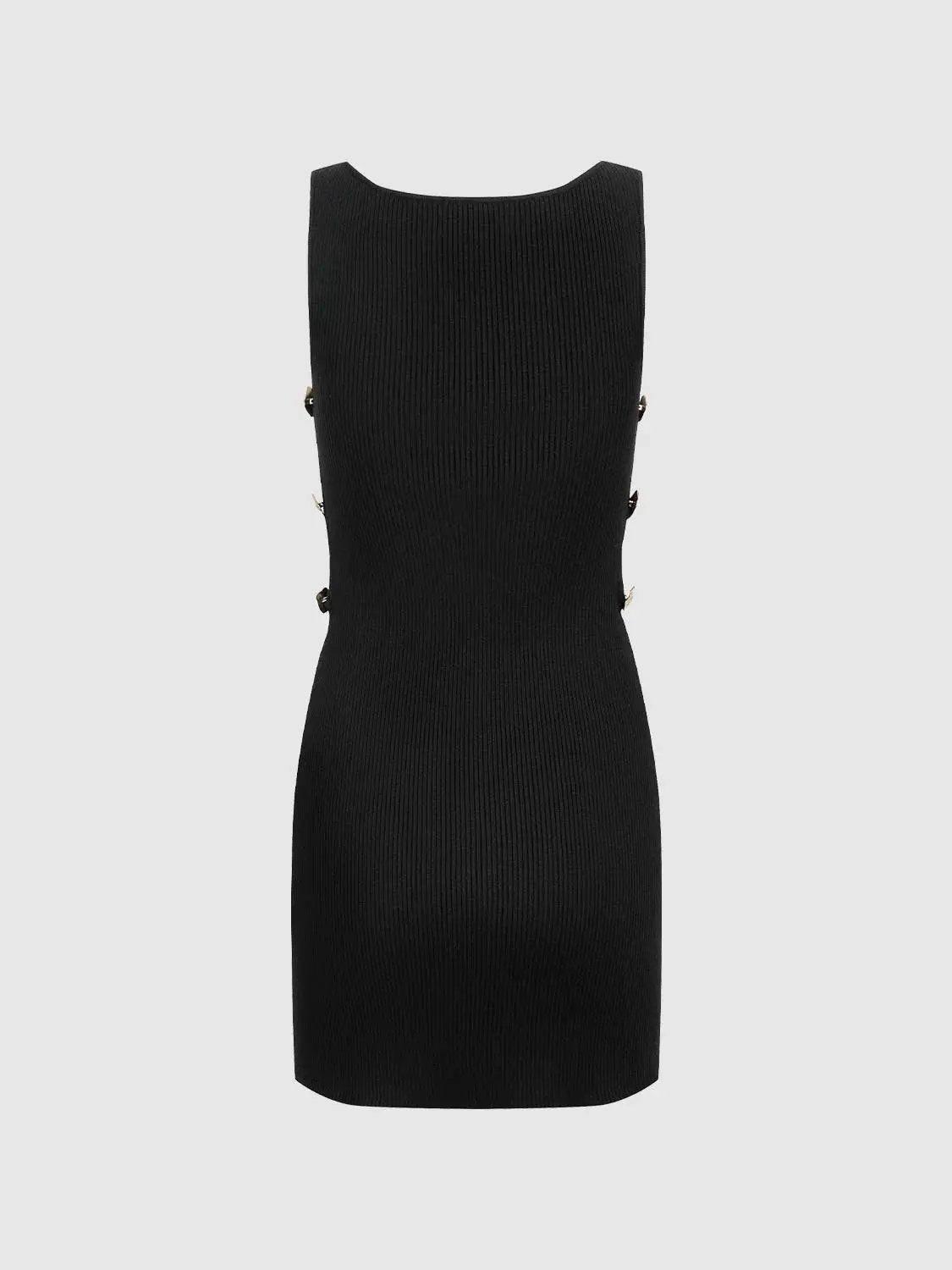 Knit dress in black ribbed knit, sleeveless with side metal accents