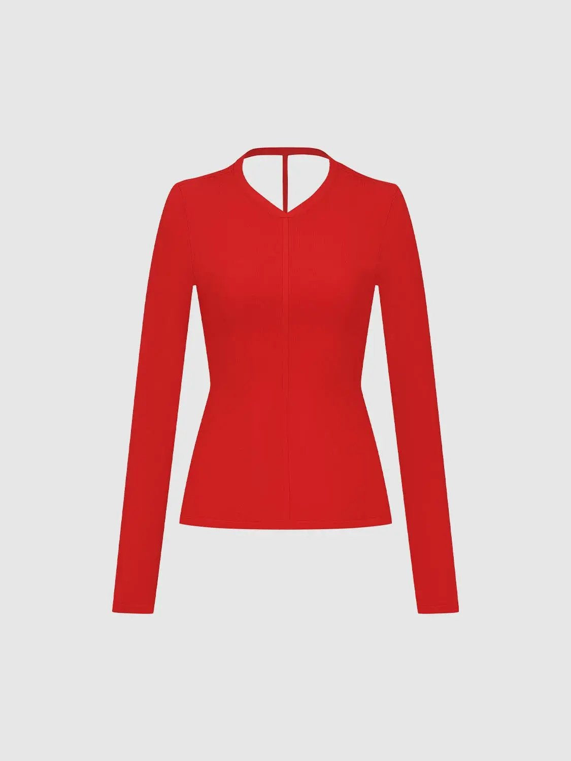Solid red knit long-sleeve V-neck T-shirt with a fitted silhouette.