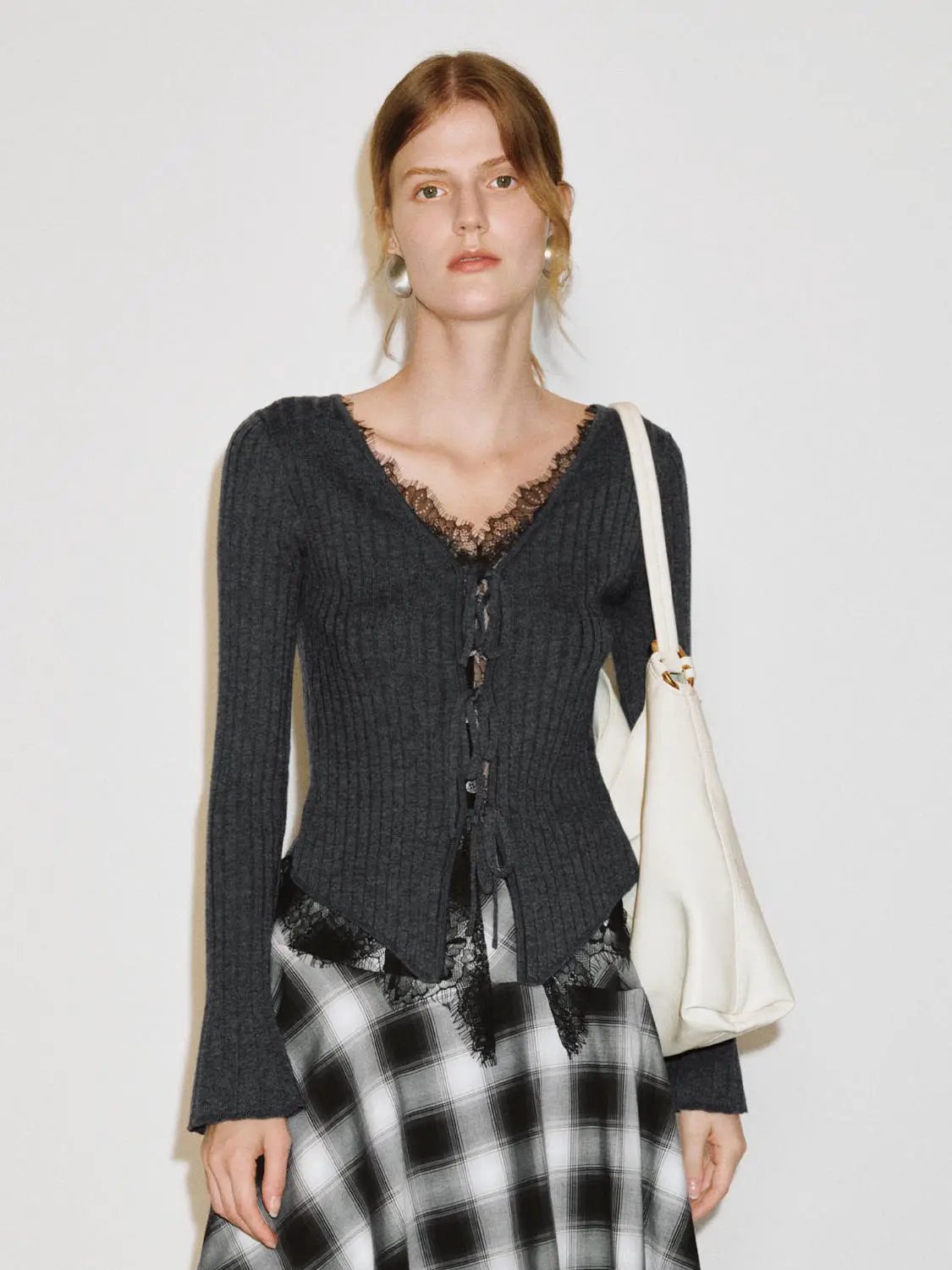 Urban Revivo Fashion knitted cardigan in charcoal gray with lace-trim V-neck