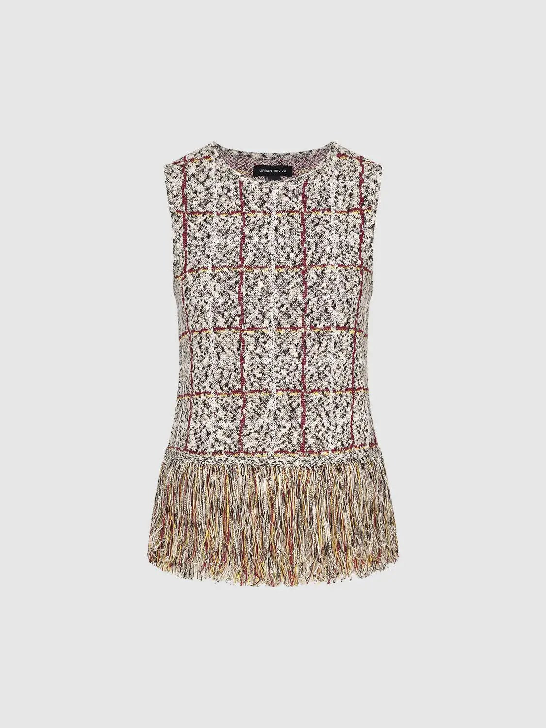 Checked fringe-hem sleeveless knit top by Urban Revivo Fashion, ivory with red grid pattern and multicolor fringe