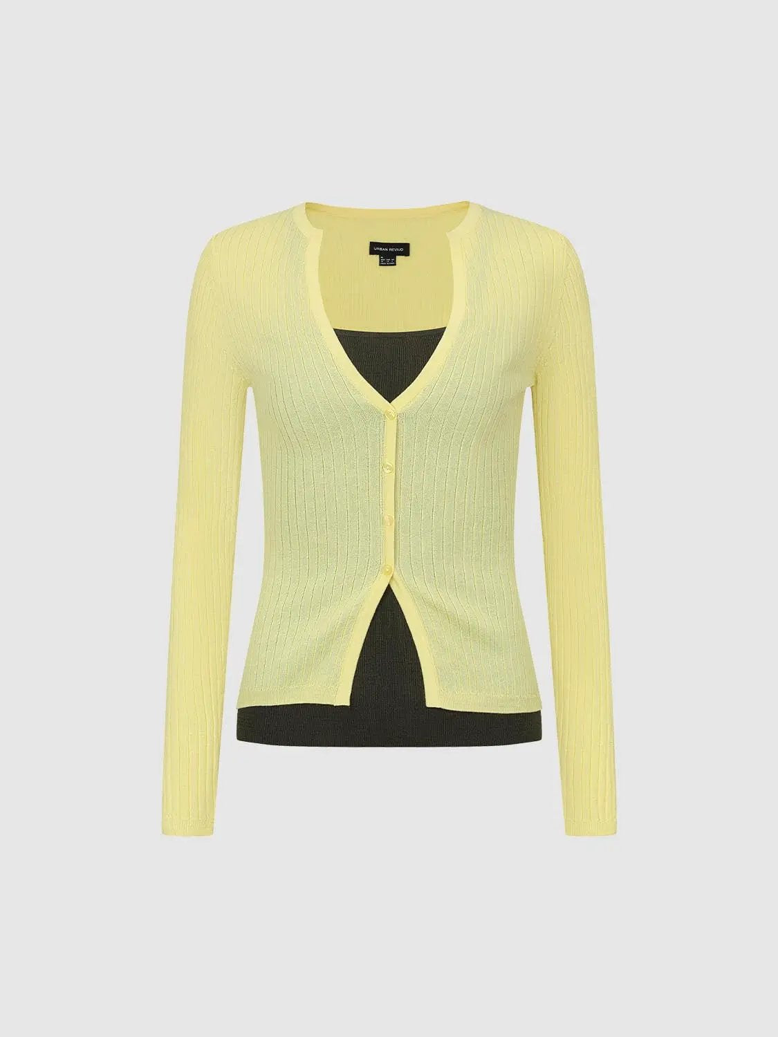 Ribbed button-front V-neck long-sleeve cardigan in yellow by Urban Revivo Fashion.