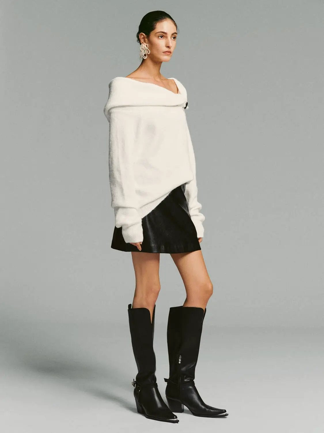Metal Button Asymmetric Draped Long Sleeve Sweater in white by Urban Revivo Fashion