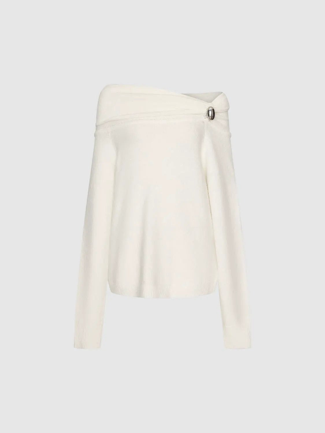 Metal Button Asymmetric Draped Long Sleeve Sweater in off-white knit fabric