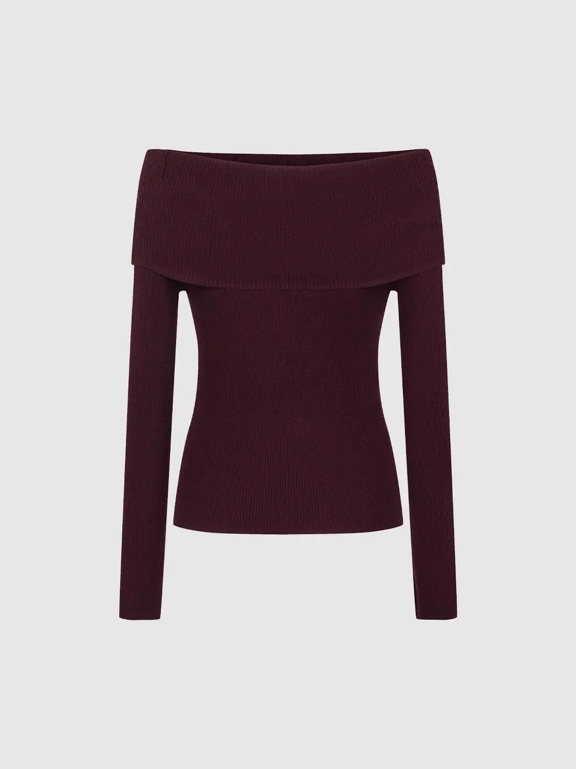 Knit T-Shirt in burgundy with an off-shoulder folded neckline and long sleeves.