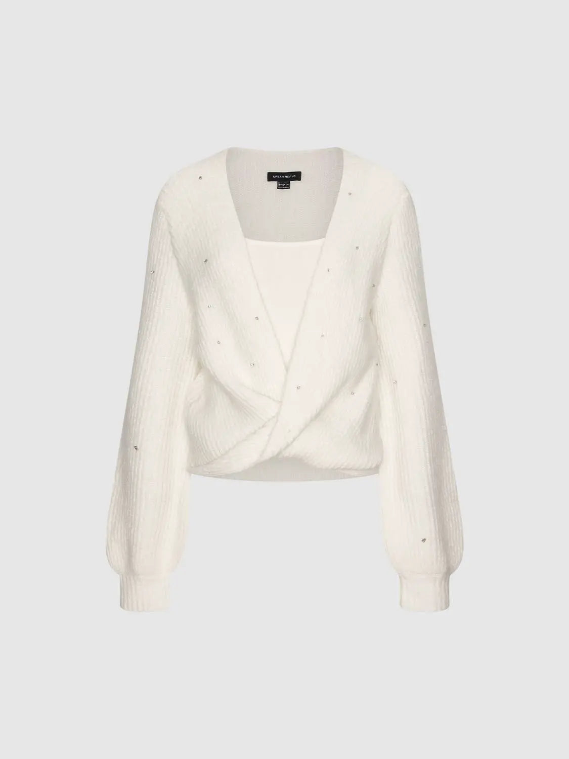 Urban Revivo white knit top with twist-front design and bead accents, long sleeves