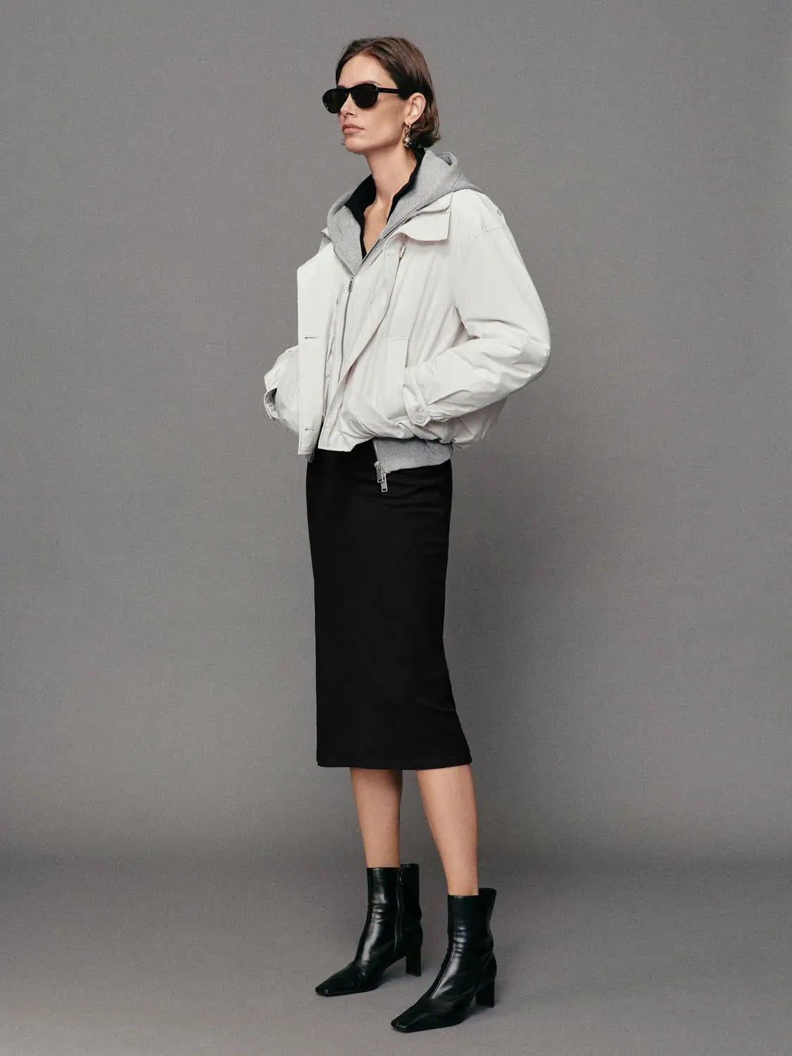 Down Jacket Urban Revivo white with grey hood, oversized fit