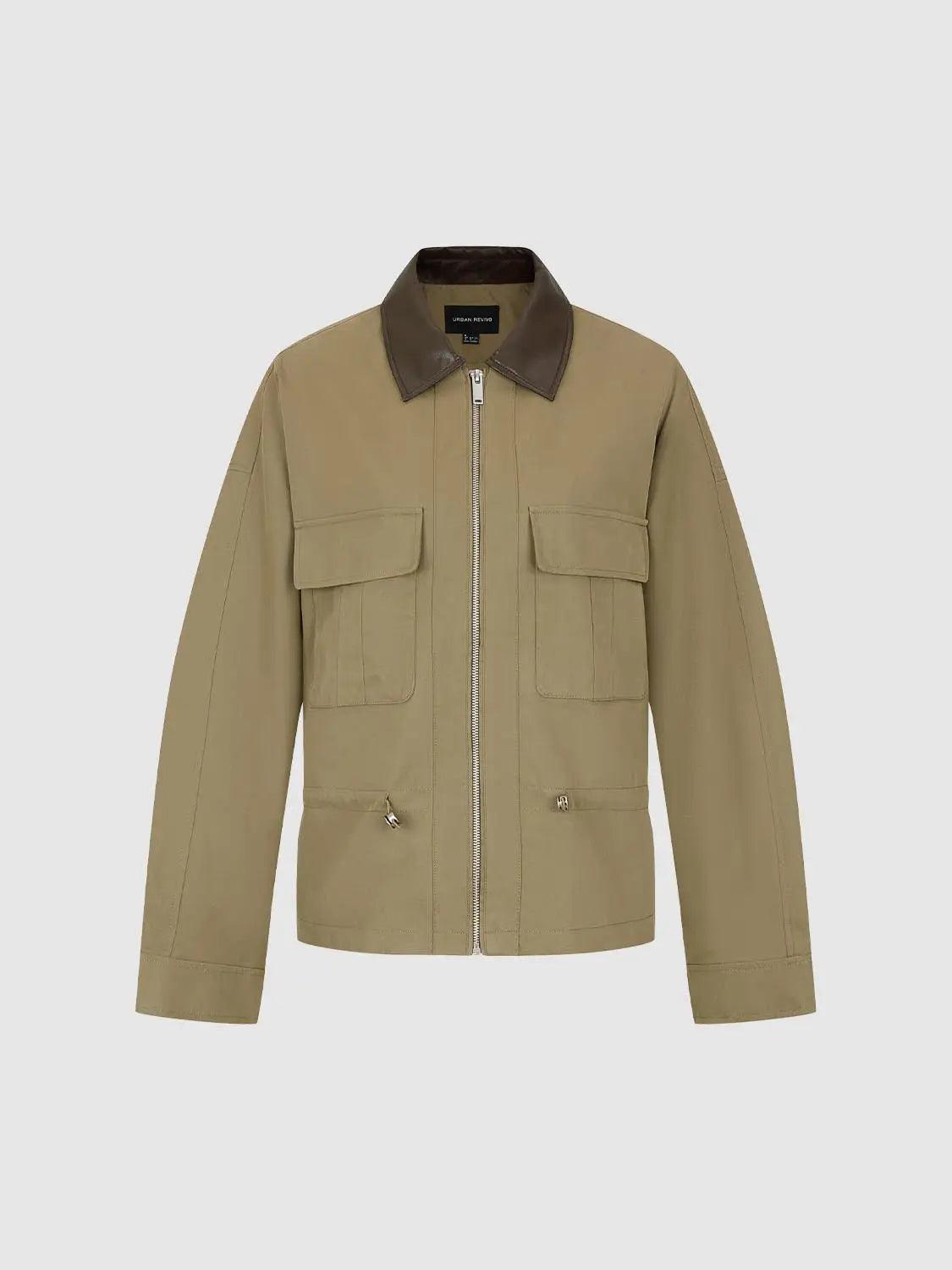 Padded jacket by Urban Revivo Fashion, tan khaki with brown collar, front zipper and large flap pockets.